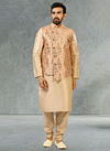 Peach Colour Latest Party Wear Jacquard Banarasi Silk Digital Print Kurta Pajama With Jacket Mens Collection 1047